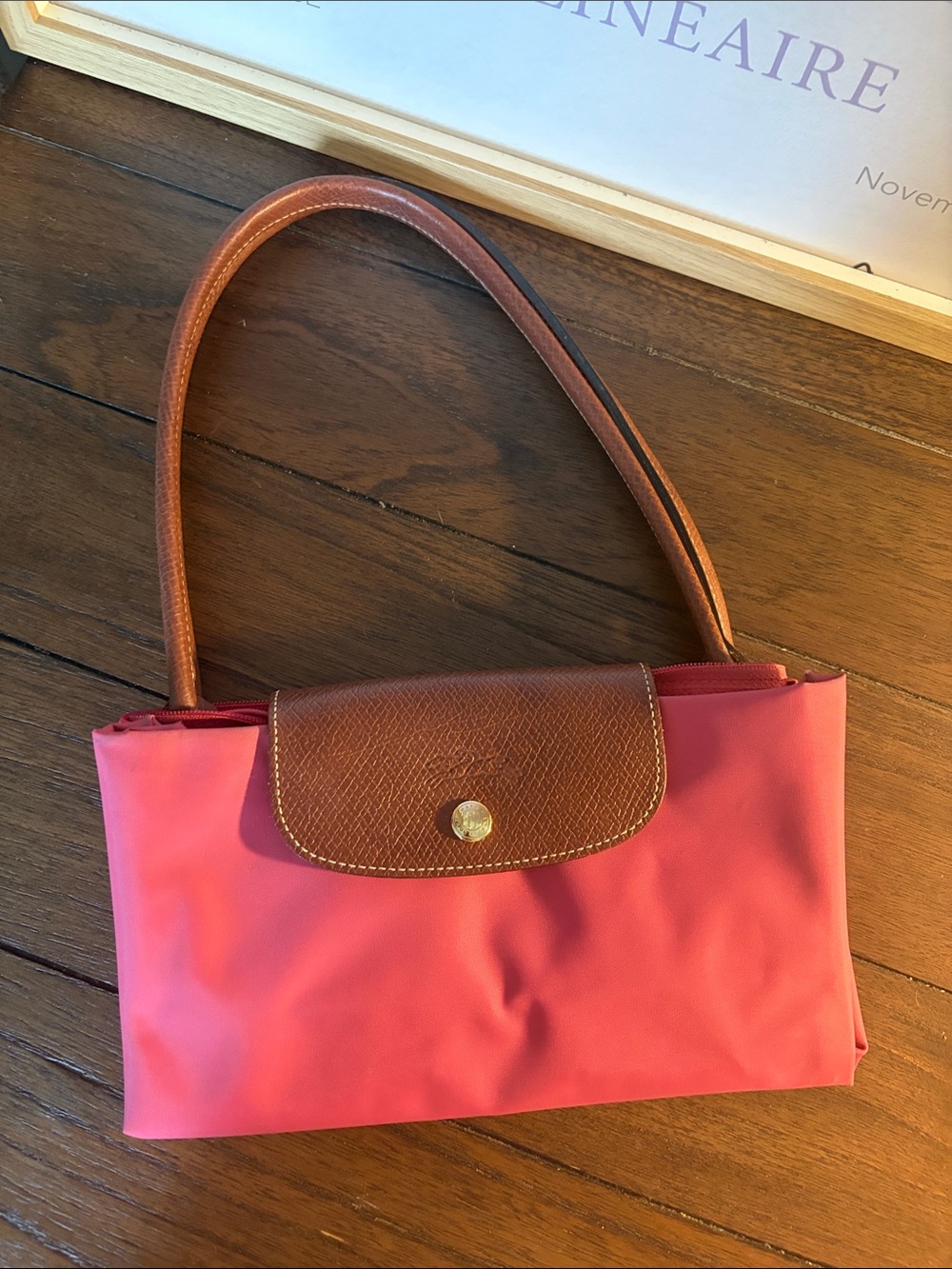 Pink Tote Shoulder Bag with Brown Trim